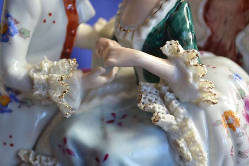Large Vintage Porcelain Couple with Dresden Style Lace Trim