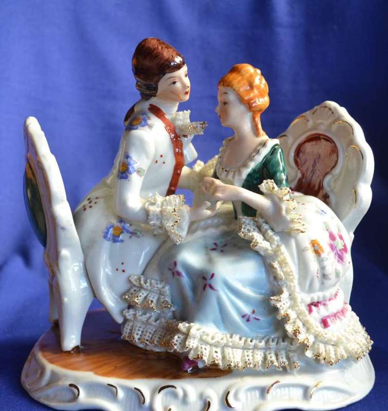 Large Vintage Porcelain Couple with Dresden Style Lace Trim