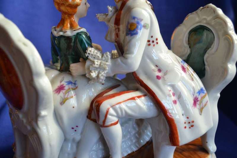 Large Vintage Porcelain Couple with Dresden Style Lace Trim