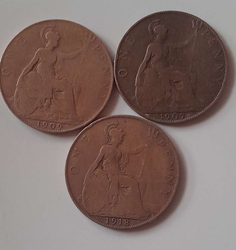 British 1 Penny Coins  1907 1909 1918