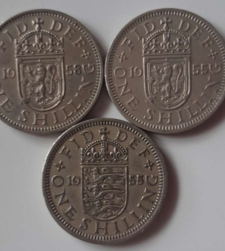 3 x British One Shilling Coins - 2 x 1955 & 1958