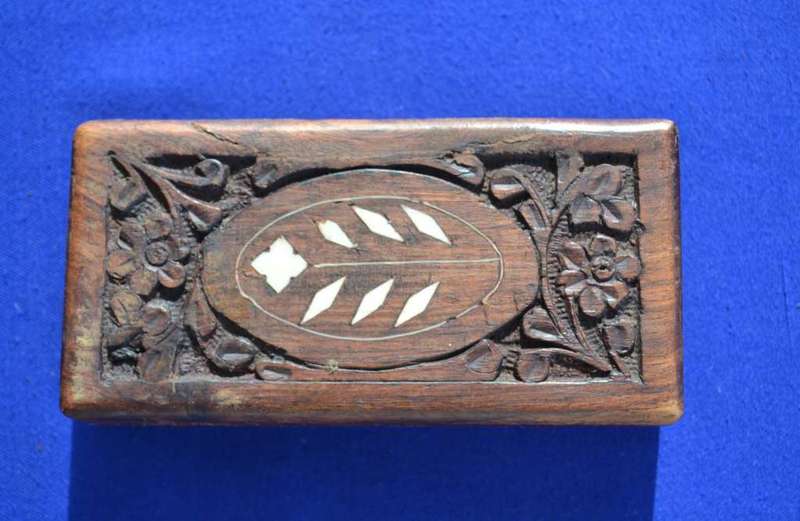 Hand Carved Wooden Trinket Box with Bone Inlay
