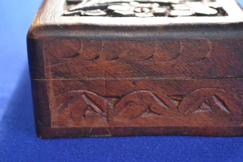 Hand Carved Wooden Trinket Box with Bone Inlay