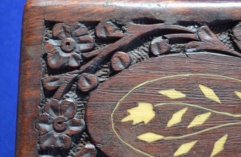Hand Carved Wooden Trinket Box with Bone Inlay