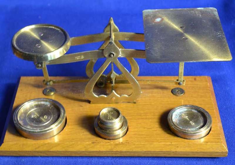 Vintage Brass Postal Scale with Weights - Made in England