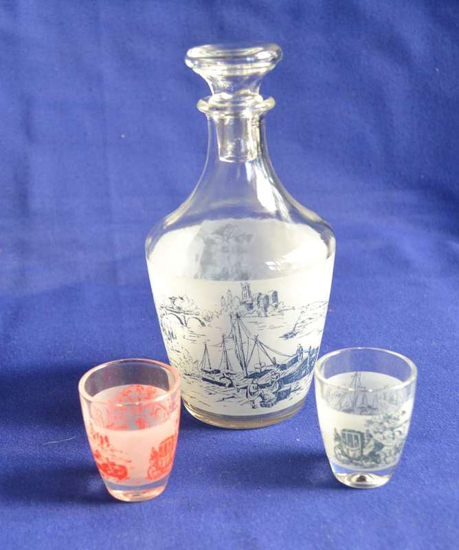 Vintage Luminarc Carafe with Stopper and Two Shot glasses