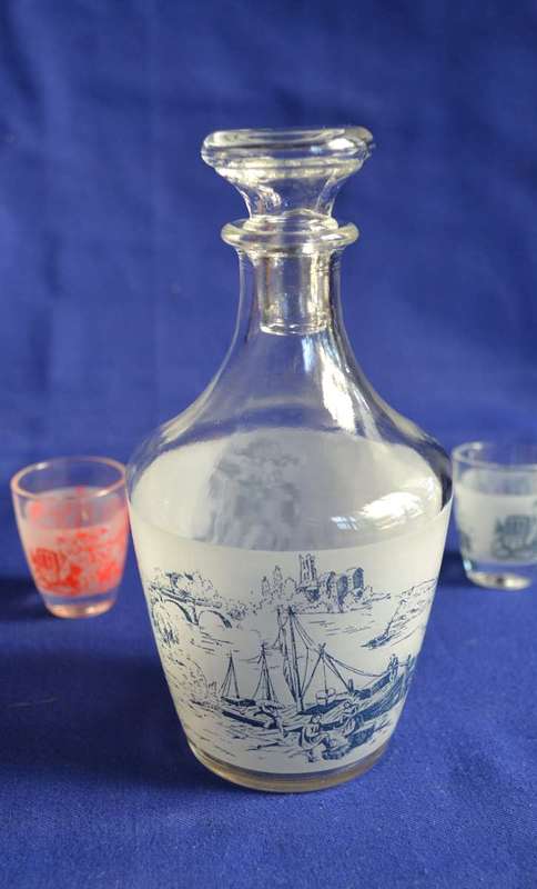 Vintage Luminarc Carafe with Stopper and Two Shot glasses