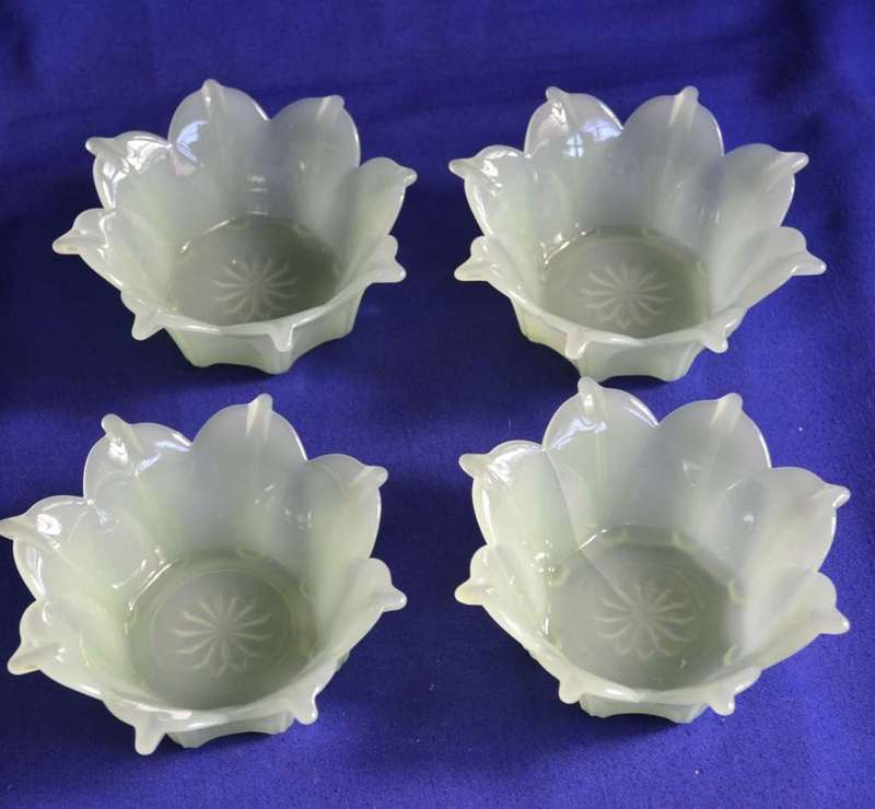 Set of four Vintage  Green Milk Glass Petal Bowls