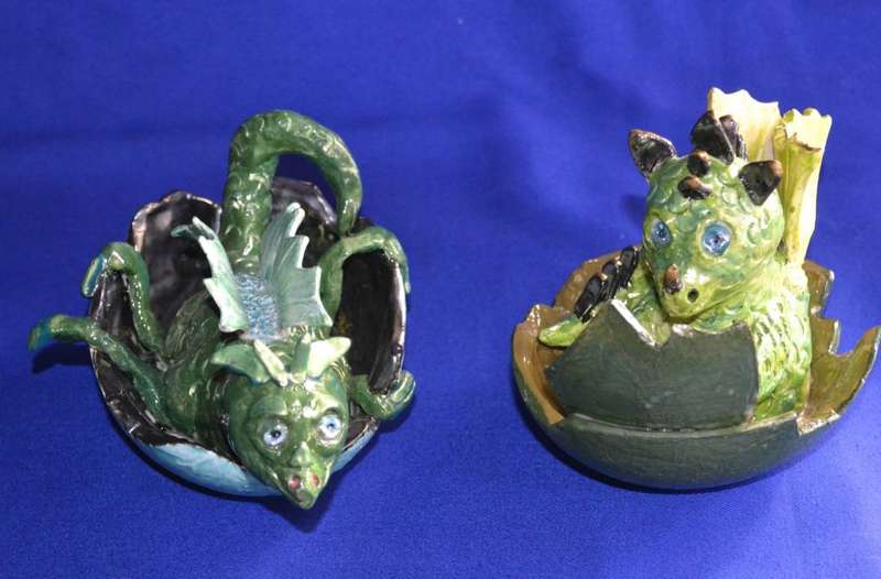 Pair of Ceramic Dragon Babies  Hatching From Egg
