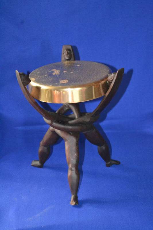 Small carved Tripod Table with Hammered Brass Top