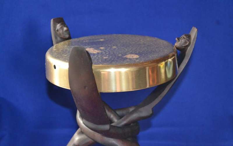 Small carved Tripod Table with Hammered Brass Top