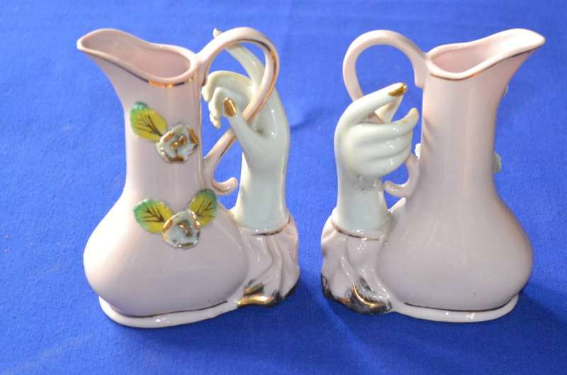 Pair of Vintage Porcelain Vase/ Pitcher with Hand Holding Handle c1960,s