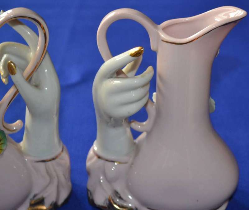 Pair of Vintage Porcelain Vase/ Pitcher with Hand Holding Handle c1960,s