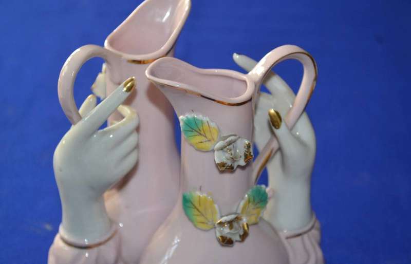 Pair of Vintage Porcelain Vase/ Pitcher with Hand Holding Handle c1960,s