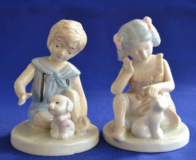 Heritage Porcelain Figurines "Puppy Love" and Girl & Kitten"