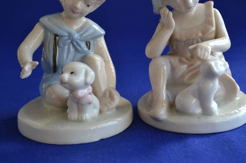 Heritage Porcelain Figurines "Puppy Love" and Girl & Kitten"