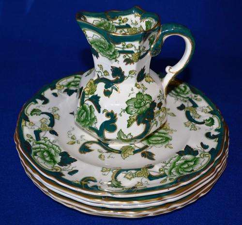 MASONS IRON STONE " CHARTREUSE" JUG AND DINNER PLATES