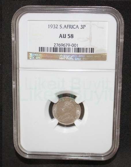1932 NGC 3 Pence AU 58 - Catalogue Value R1250.00