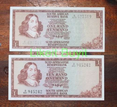 Set of 2 1973 TW De Jongh  One Rand Notes