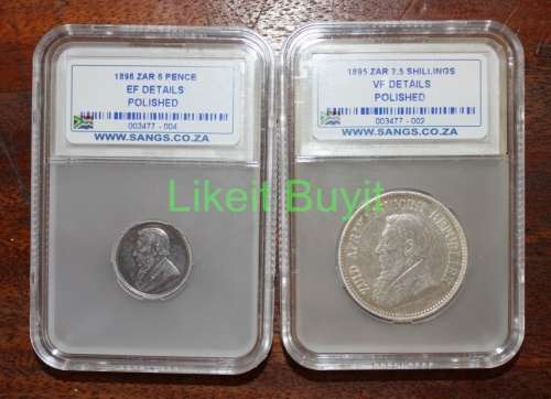 1896 ZAR SANGS 6 Pence EF Details Polished + 1895 ZAR SANGS 2.5 Shillings VF Details Polished