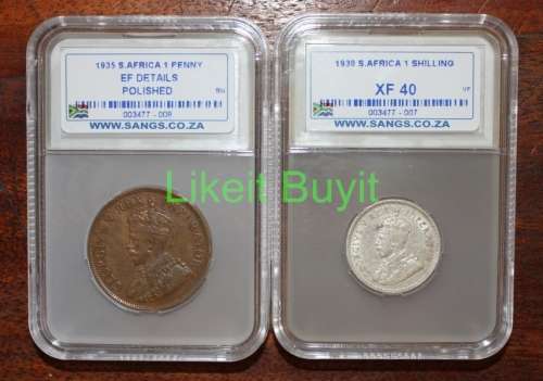 1930 SANGS 1 Shilling XF 40 + 1925 SANGS 1 Penny EF Details Polished
