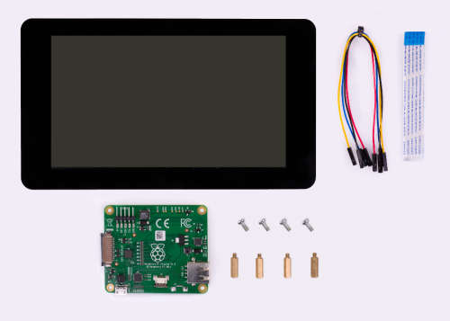 Raspberry Pi B3 with official 7" touch screen, power supply, camera module and protective Pi case.