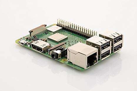 Raspberry Pi B3 with official 7" touch screen, power supply, camera module and protective Pi case.