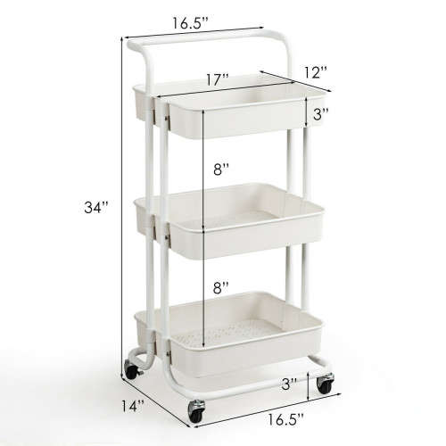 3-Tier Utility Cart Storage Rolling Cart -White