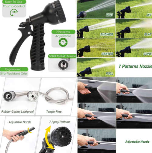 Stainless Steel Metal Hose Pipe Water Spray Gun with 2 Nozzles - 50Ft - 75Ft