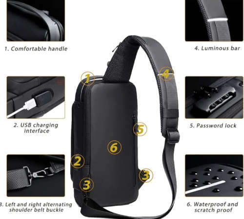 Anti-Theft Lock Sling Chest Bag Shoulder Crossbody With USB Port Black