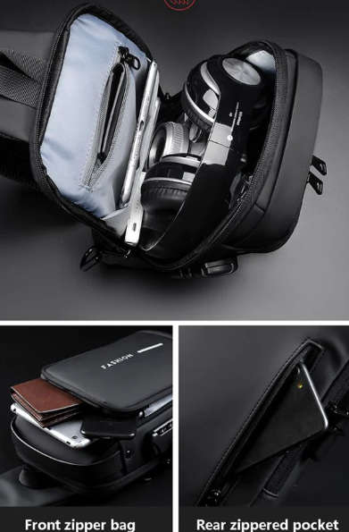 Anti-Theft Lock Sling Chest Bag Shoulder Crossbody With USB Port Black