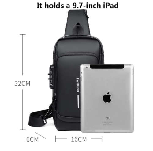 Anti-Theft Lock Sling Chest Bag Shoulder Crossbody With USB Port Black
