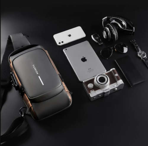 Anti-Theft Lock Sling Chest Bag Shoulder Crossbody With USB Port Black