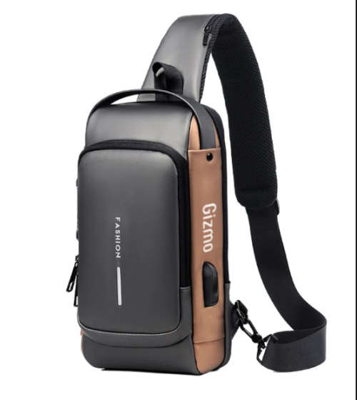Anti-Theft Lock Sling Chest Bag Shoulder Crossbody With USB Port Grey Brown