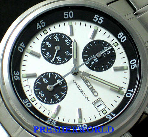 SEIKO MENS CHRONOGRAPH PANDA WHITE BLACK STEEL WATCH SND219P1