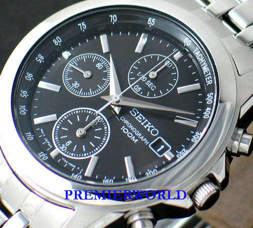 SEIKO MENS CHRONOGRAPH STEEL BLACK DIAL WATCH 100M