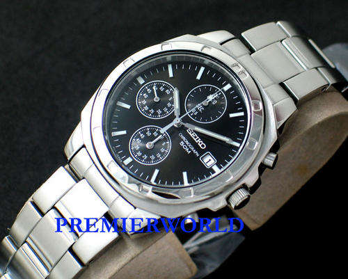 SEIKO MENS CHRONOGRAPH BLACK DIAL STEEL WATCH 50M