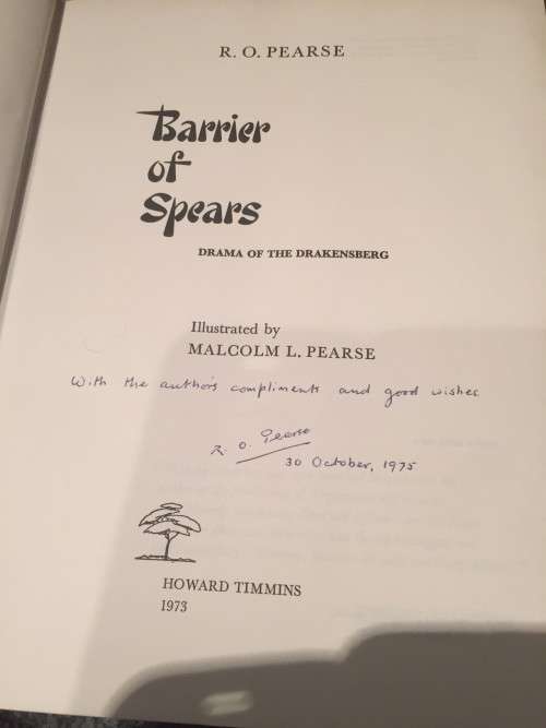 SIGNED !! `BARRIER OF SPEARS` R.O. PEARSE SIGNED!! FIRST EDITION 1973