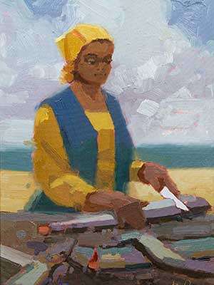 MIKE PARSONS `WOMAN FILLETING FISH`, LISTED SOUTH AFRICAN ARTIST