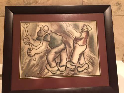 HENNIE NIEMANN MIXED MEDIA PAINTING `MEN HARVESTING`