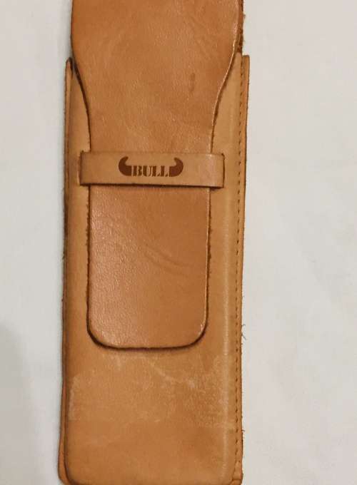 GENUINE LEATHER `BULL` PEN AND PENCIL HOLDER, HANDMADE, TAN IN COLOUR, EXCELLENT CONDITION