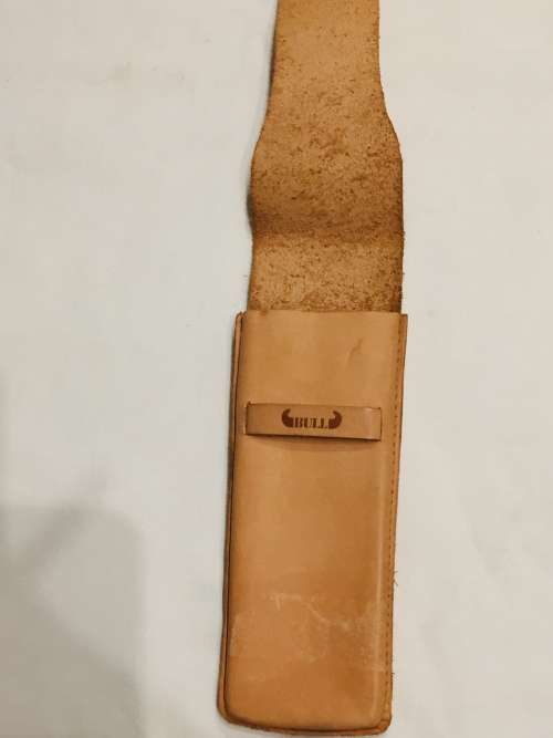 GENUINE LEATHER `BULL` PEN AND PENCIL HOLDER, HANDMADE, TAN IN COLOUR, EXCELLENT CONDITION