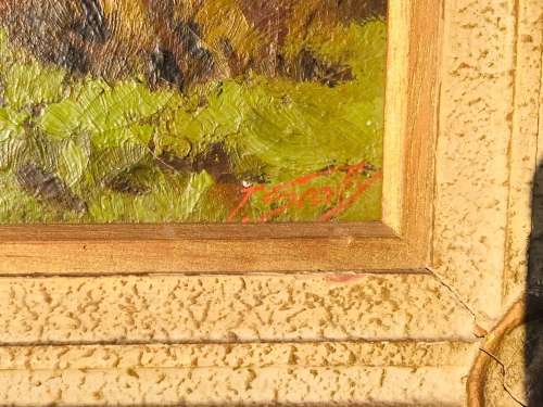 SIGNED!! T SCOTTY (AKA TITTA FASCIOTTI) ORIGINAL OIL PAINTING ON CANVAS RIVER & MOUNTAIN LANDSCAPE