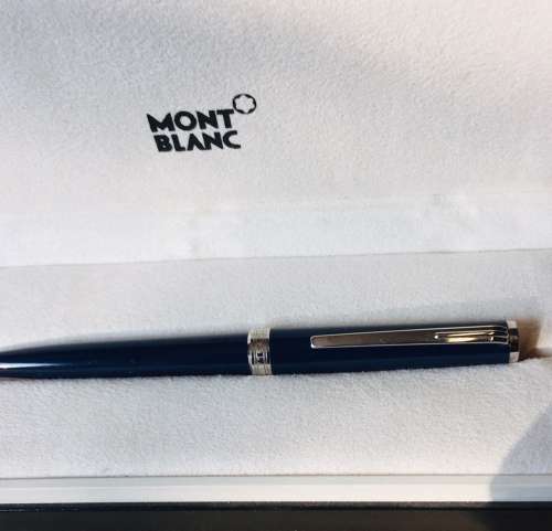 MONT BLANC PIX NAVY BLUE BALLPOINT PEN WITH PLATINUM COATED TRIM IN BOX INCLUDES REFILL