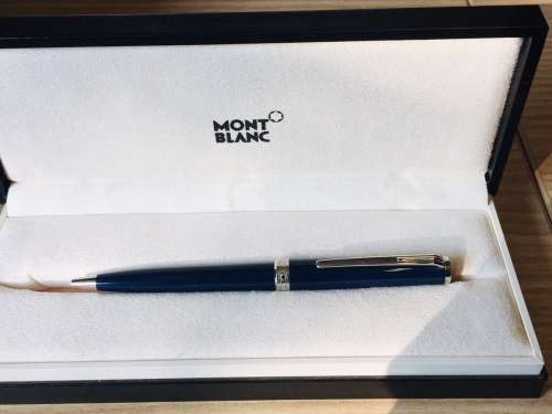 MONT BLANC PIX NAVY BLUE BALLPOINT PEN WITH PLATINUM COATED TRIM IN BOX INCLUDES REFILL