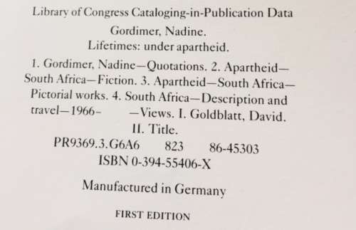 `LIFETIMES UNDER APARTHEID` NADINE GORDIMER & DAVID GOLDBLATT, FIRST EDITION