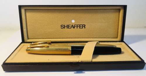 SHEAFFER WHITE DOT GOLD ELECTROPLATED PFM V FOUNTAIN PEN + 14K NIB and BALLPOINT PEN IN ORIGINAL BOX
