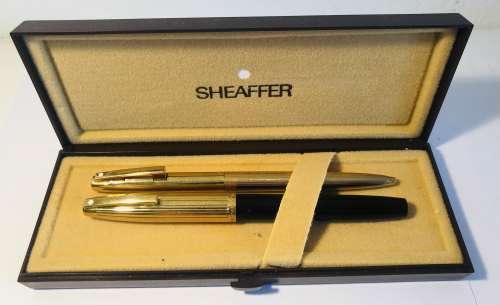 SHEAFFER WHITE DOT GOLD ELECTROPLATED PFM V FOUNTAIN PEN + 14K NIB and BALLPOINT PEN IN ORIGINAL BOX