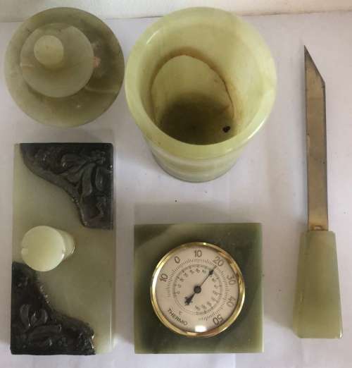 ONYX DESKTOP STATIONERY SET MADE IN ITALY PEN HOLDER, THERMOMETER, LETTER OPENER, BONBON BOX, WEIGHT