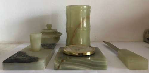 ONYX DESKTOP STATIONERY SET MADE IN ITALY PEN HOLDER, THERMOMETER, LETTER OPENER, BONBON BOX, WEIGHT
